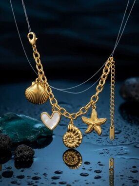 Gold Plated Stainless Steel Coastal Shell Starfish Pearl Heart Charm Bracelet